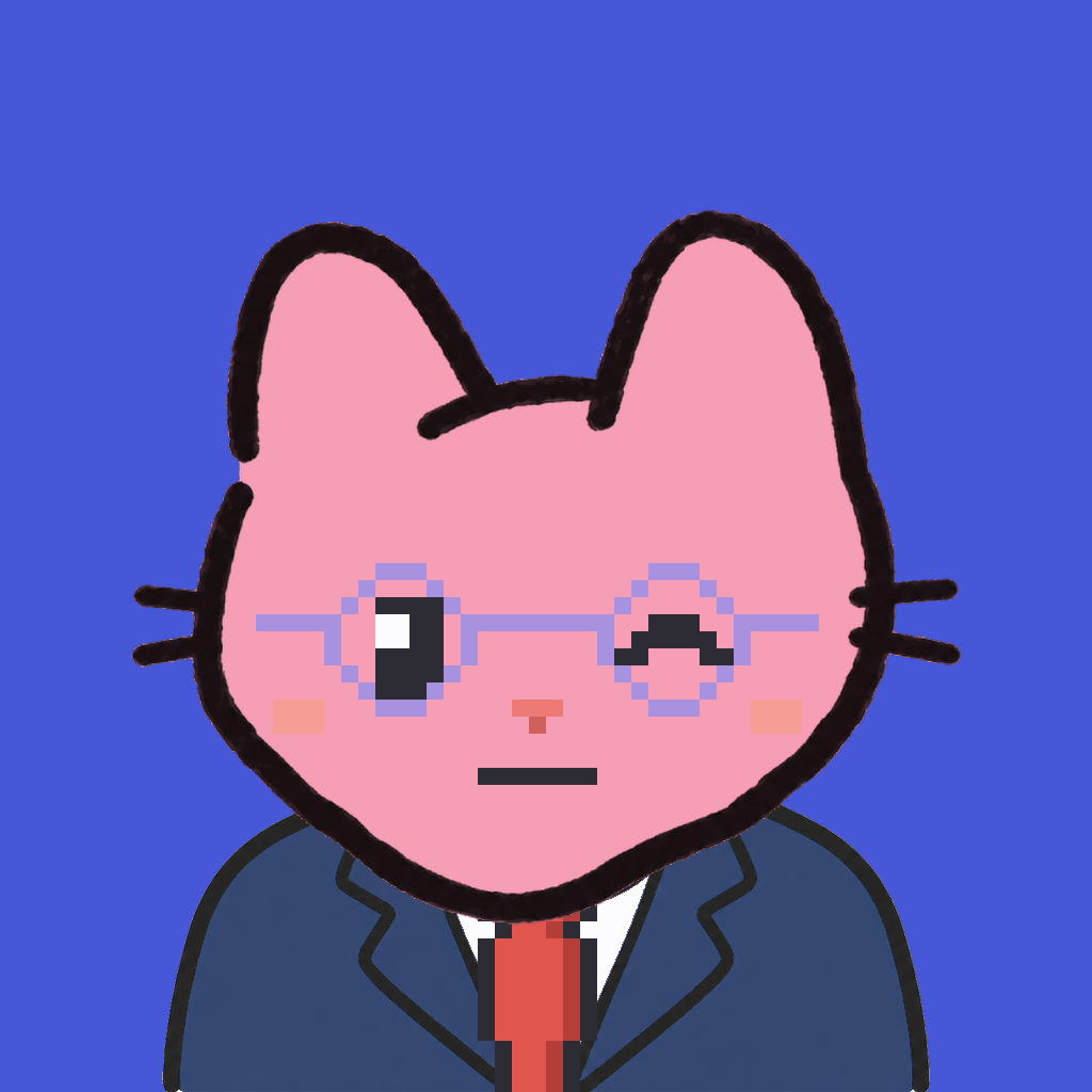 Employee #2033 — a pink cat, in a navy suit, with a red tie, wearing round-lavender glasses, on royal
