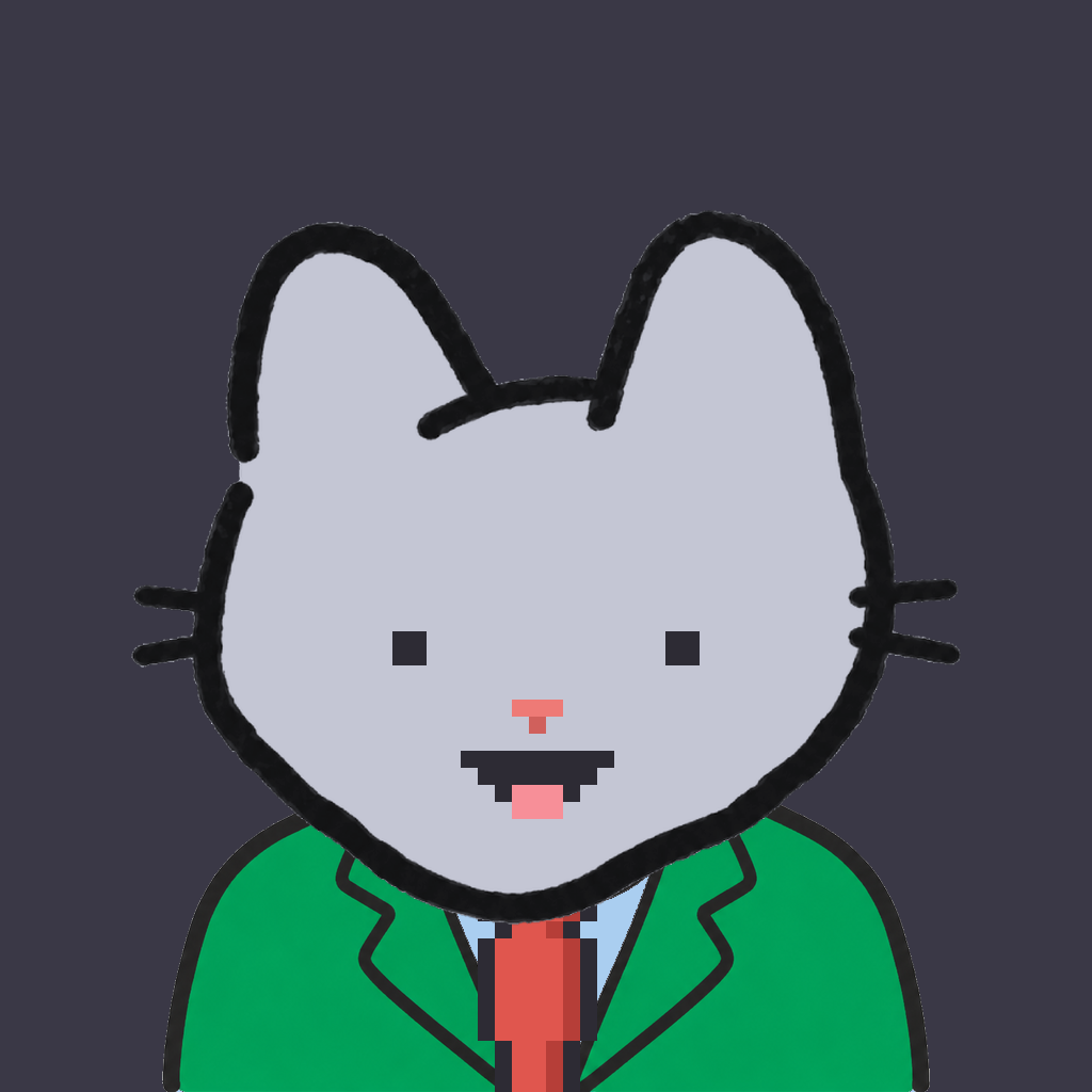 Employee #2034 — a gray cat, in a green suit, with a red tie, on charcoal