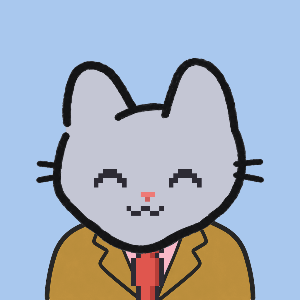 Employee #2035 — a gray cat, in a mustard suit, with a red tie, on sky