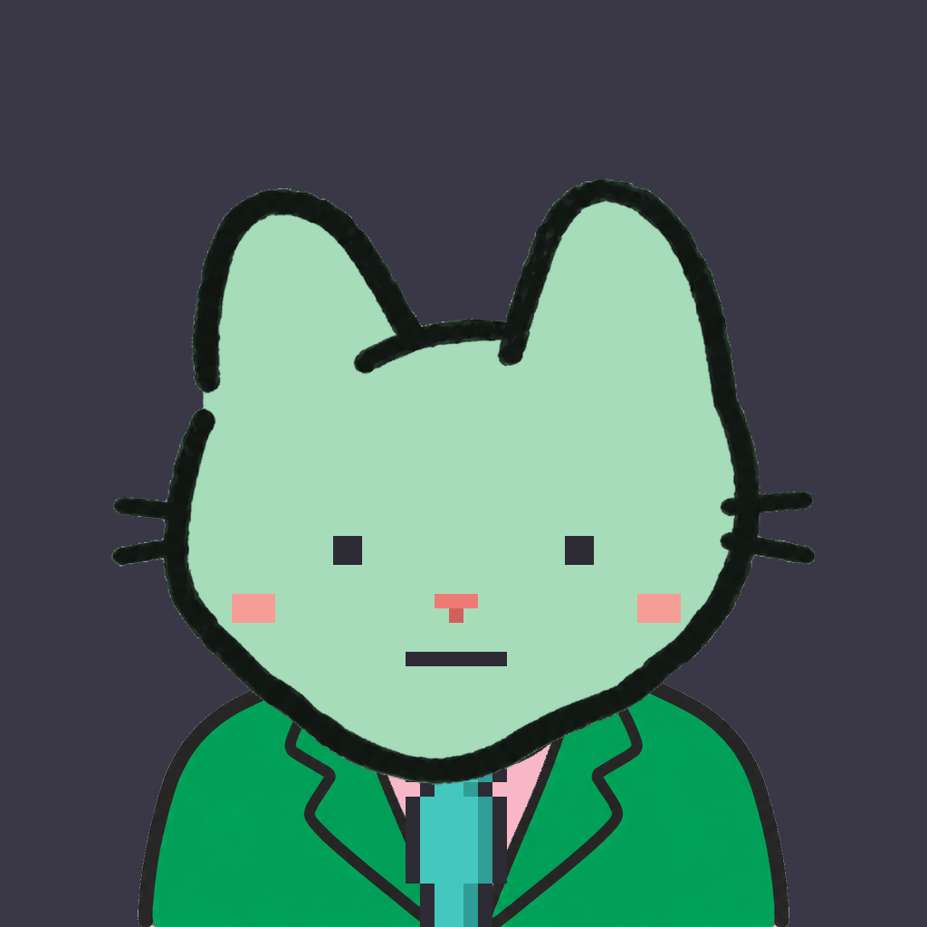 Employee #2036 — a mint cat, in a green suit, with a teal tie, on charcoal