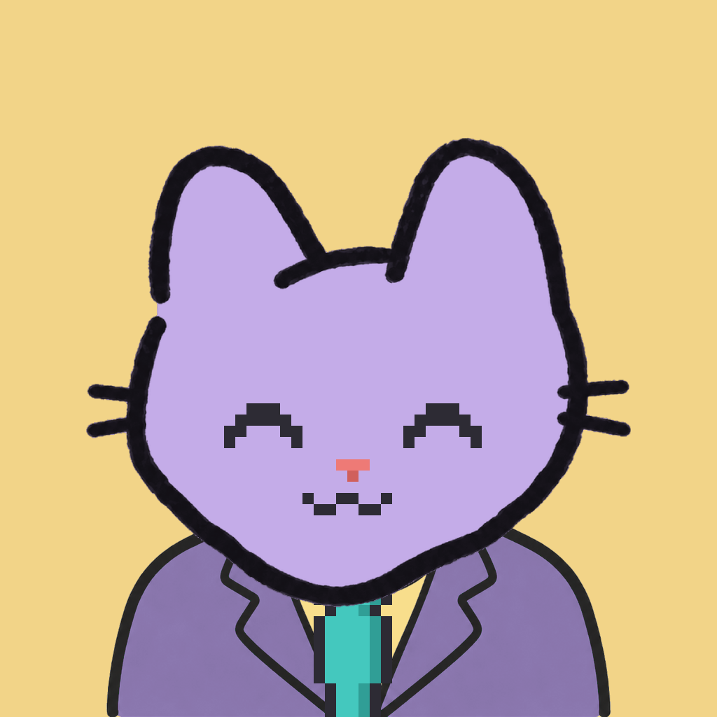 Employee #2037 — a lavender cat, in a lavender suit, with a teal tie, on butter