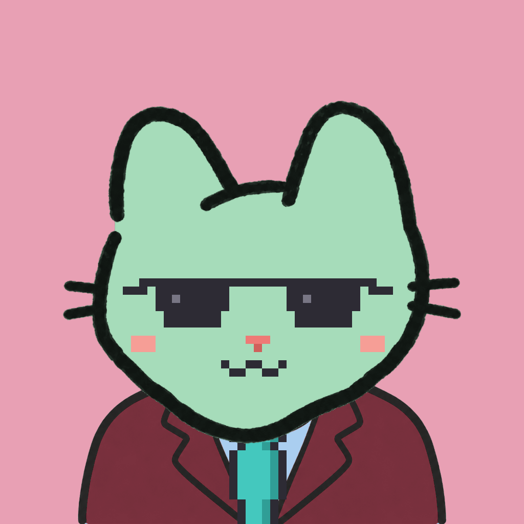 Employee #2039 — a mint cat, in a burgundy suit, with a teal tie, wearing shades glasses, on rose