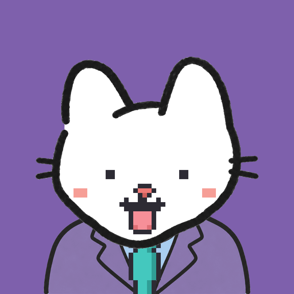 Employee #0204 — a white cat, in a lavender suit, with a teal tie, on plasma violet
