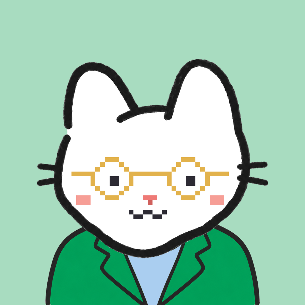 Employee #2041 — a white cat, in a green suit, wearing round-gold glasses, on mint
