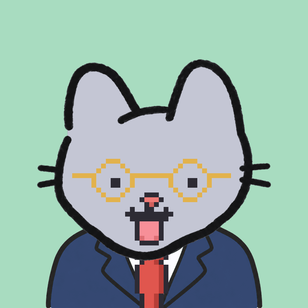 Employee #2042 — a gray cat, in a navy suit, with a red tie, wearing round-gold glasses, on mint