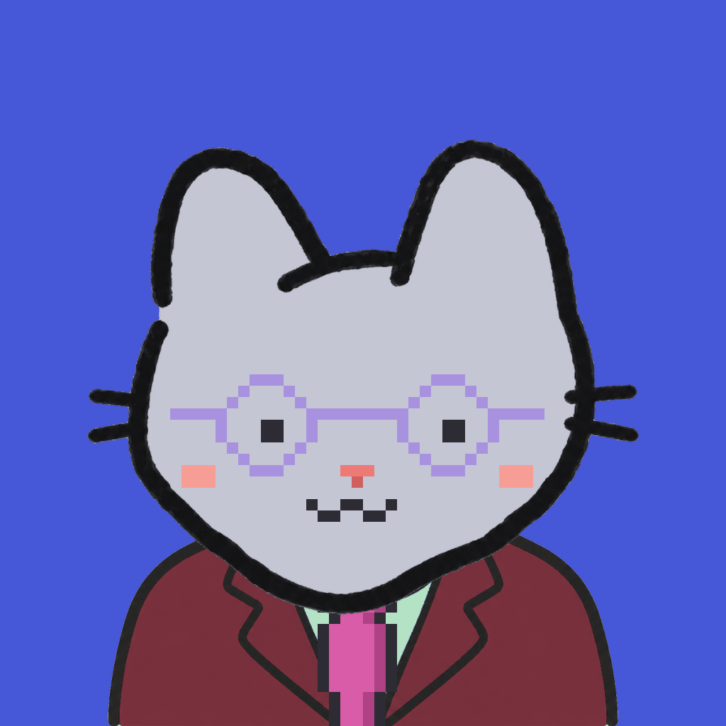 Employee #2043 — a gray cat, in a burgundy suit, with a magenta tie, wearing round-lavender glasses, on royal