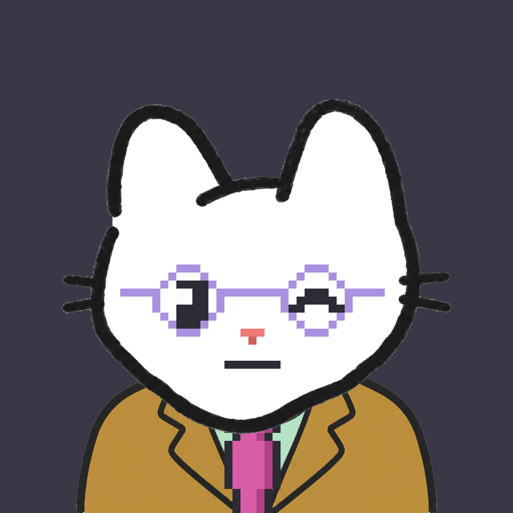 Employee #2044 — a white cat, in a mustard suit, with a magenta tie, wearing round-lavender glasses, on charcoal
