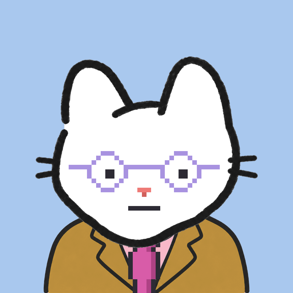 Employee #2045 — a white cat, in a mustard suit, with a magenta tie, wearing round-lavender glasses, on sky