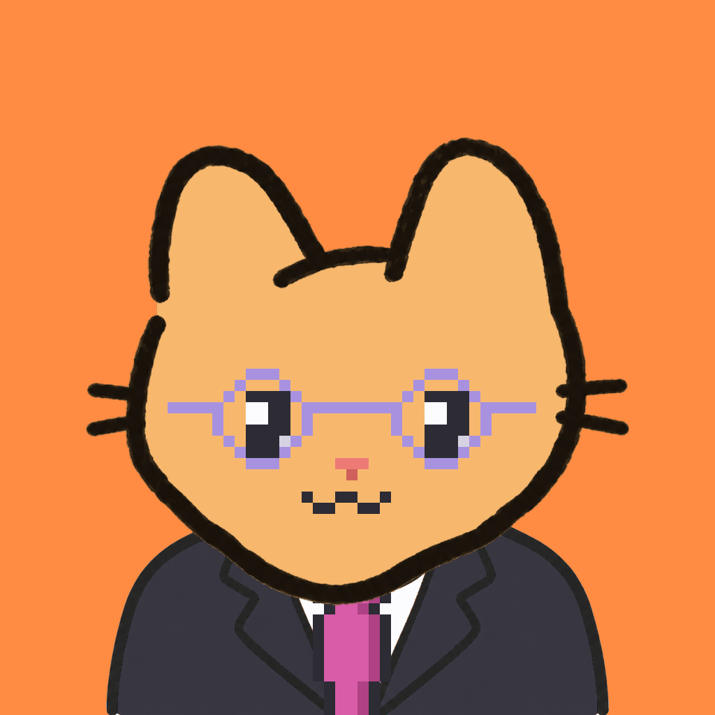 Employee #2046 — a tabby cat, in a black suit, with a magenta tie, wearing round-lavender glasses, on tangerine