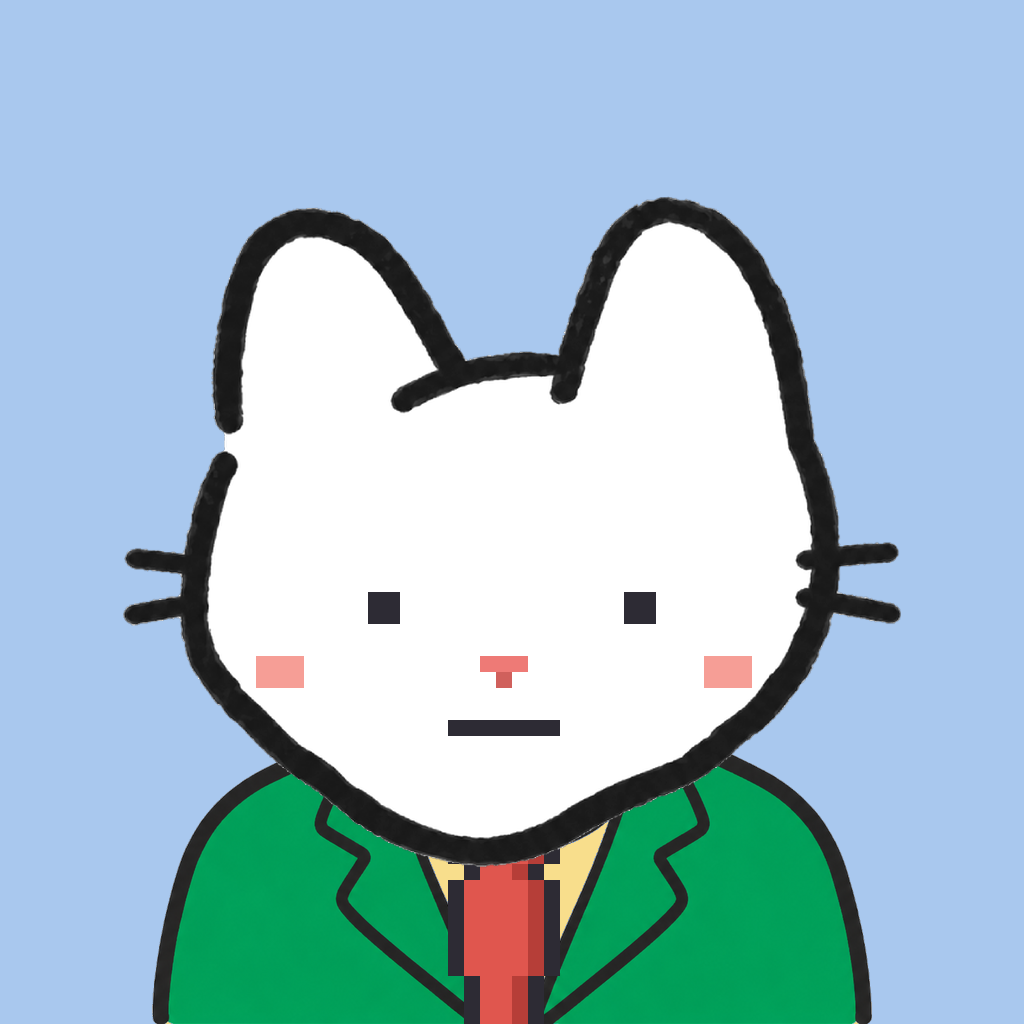 Employee #2047 — a white cat, in a green suit, with a red tie, on sky