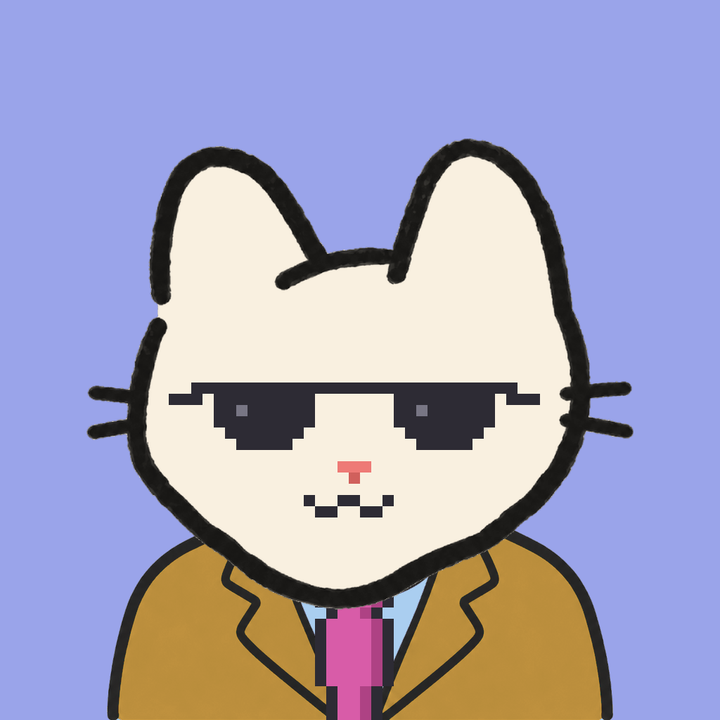 Employee #2048 — a cream cat, in a mustard suit, with a magenta tie, wearing shades glasses, on periwinkle