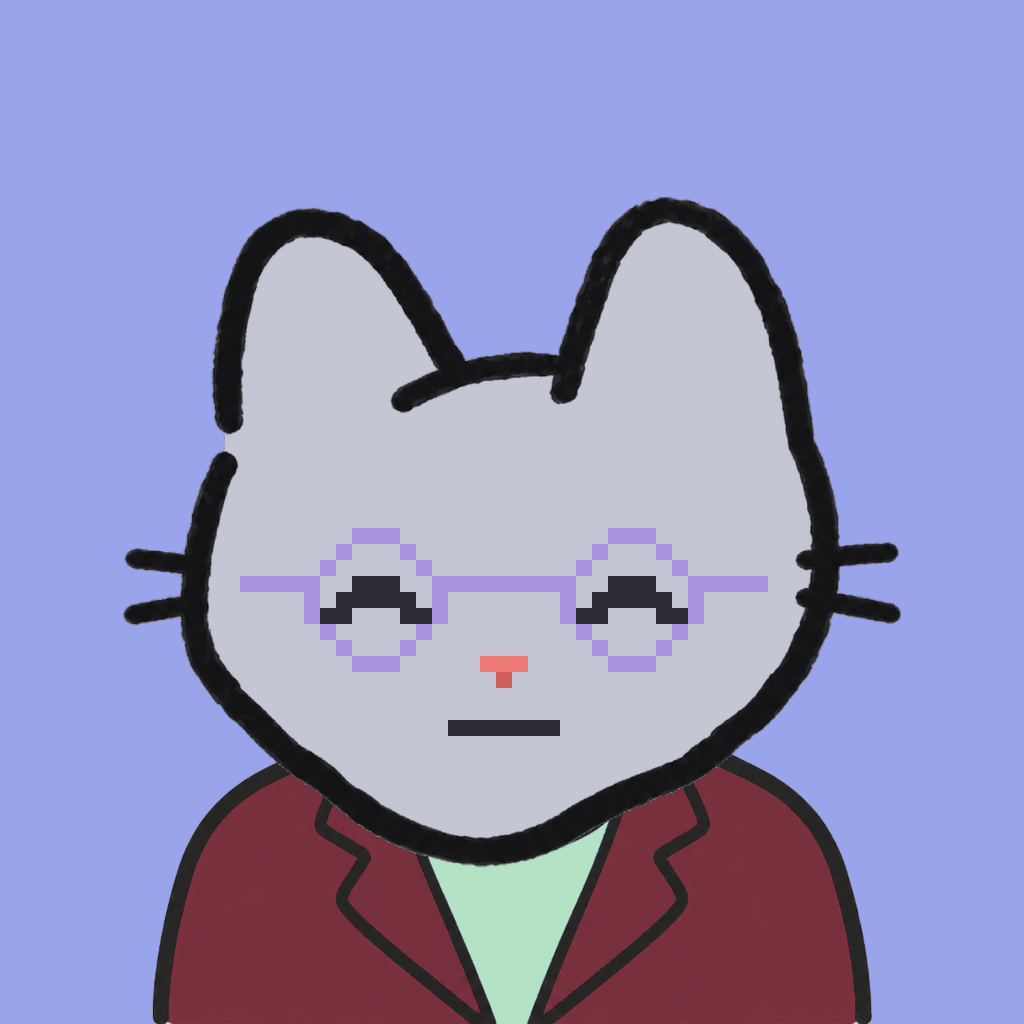 Employee #2049 — a gray cat, in a burgundy suit, wearing round-lavender glasses, on periwinkle