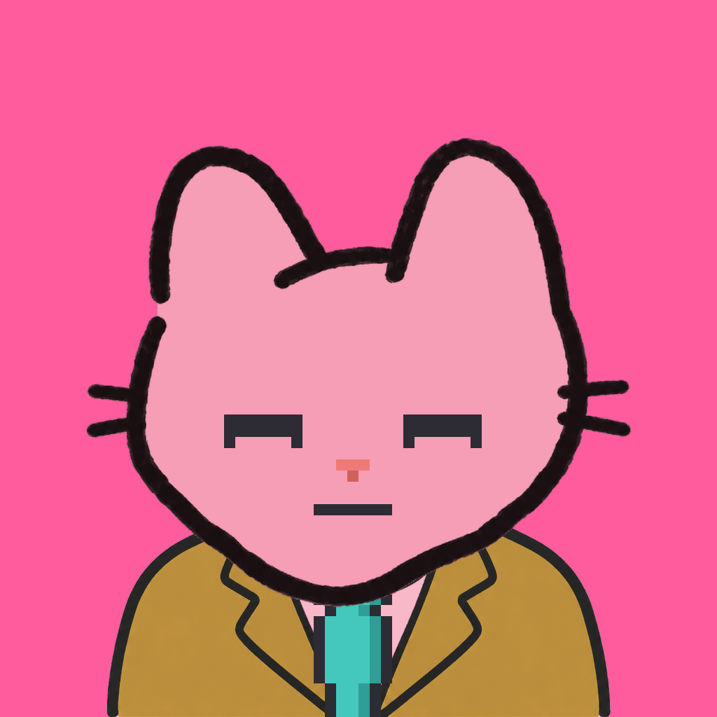 Employee #0205 — a pink cat, in a mustard suit, with a teal tie, on hot pink