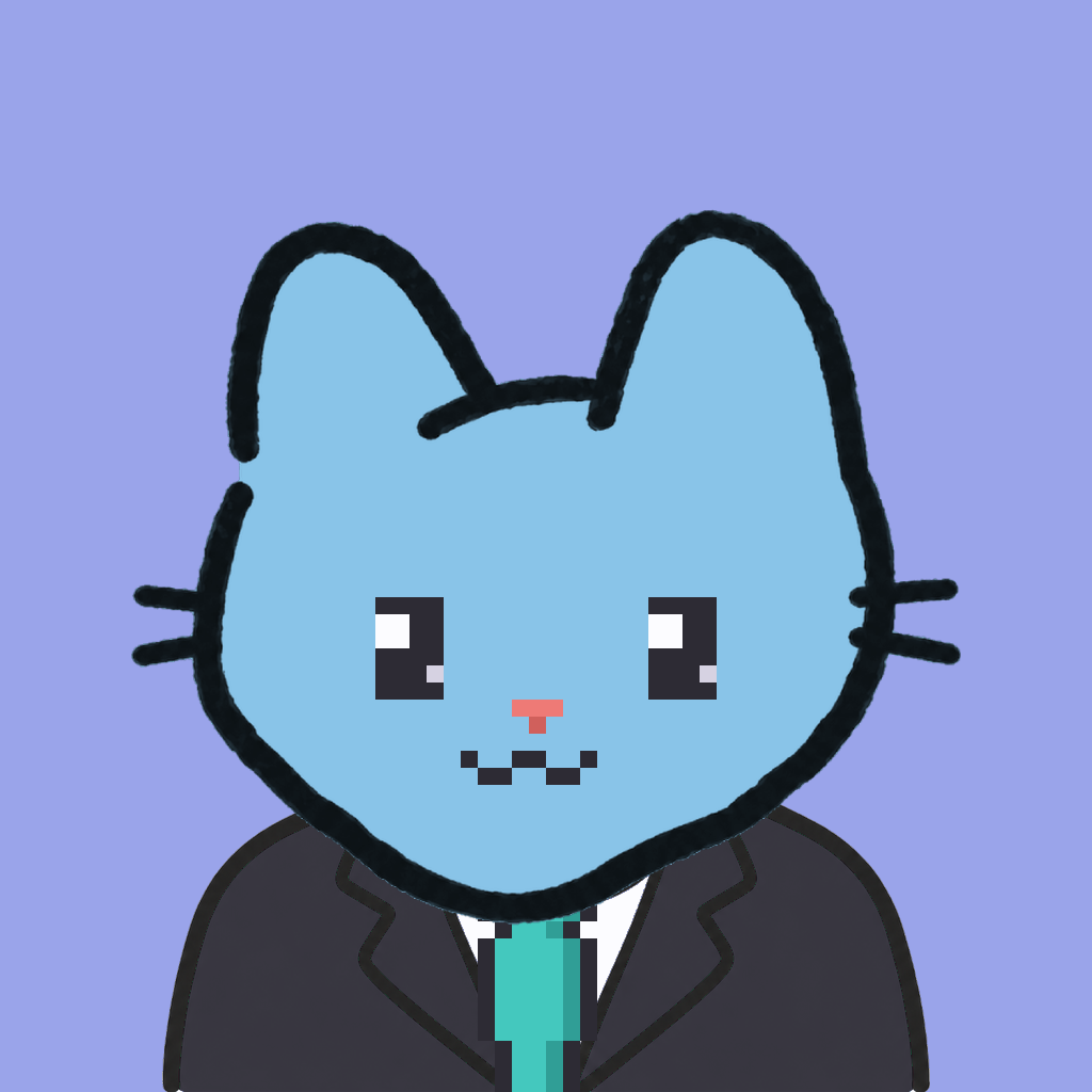 Employee #2050 — a sky cat, in a black suit, with a teal tie, on periwinkle