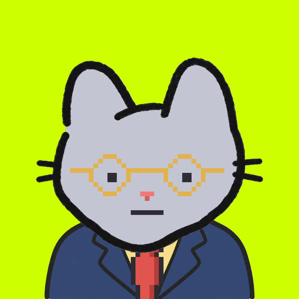 Employee #2051 — a gray cat, in a navy suit, with a red tie, wearing round-gold glasses, on volt