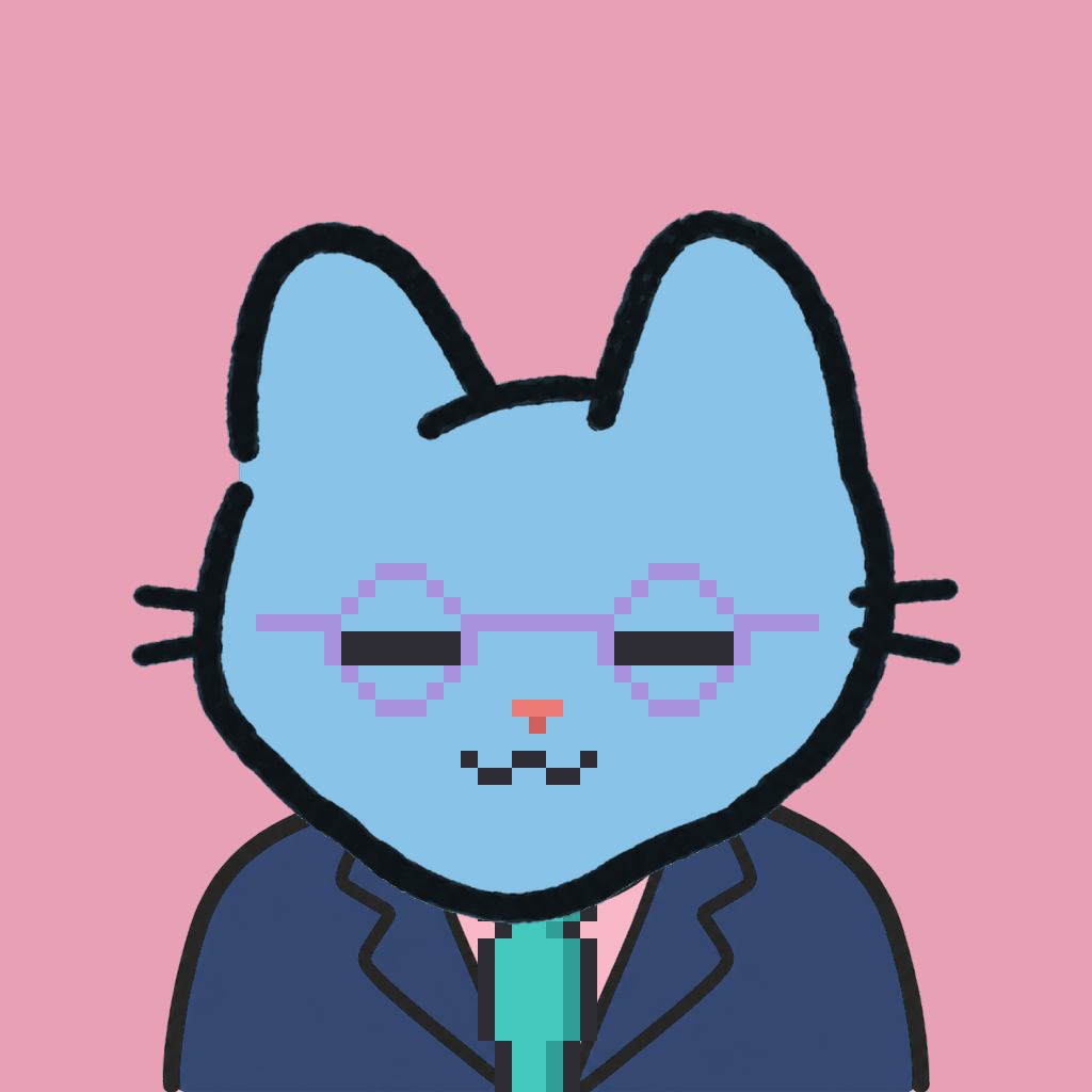 Employee #2052 — a sky cat, in a navy suit, with a teal tie, wearing round-lavender glasses, on rose
