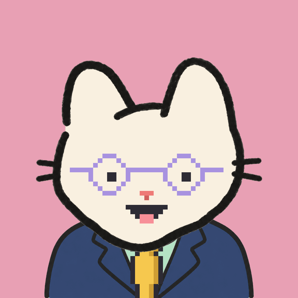 Employee #2053 — a cream cat, in a navy suit, with a gold tie, wearing round-lavender glasses, on rose