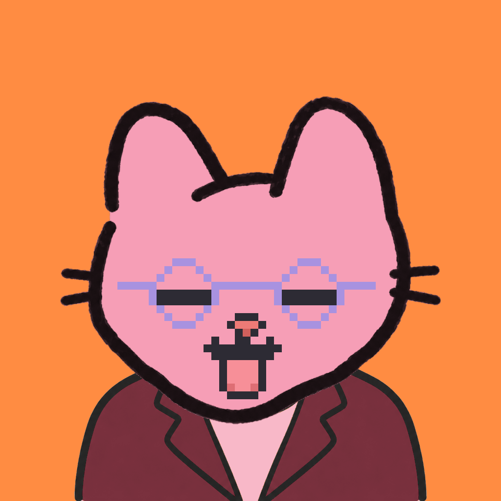 Employee #2054 — a pink cat, in a burgundy suit, wearing round-lavender glasses, on tangerine