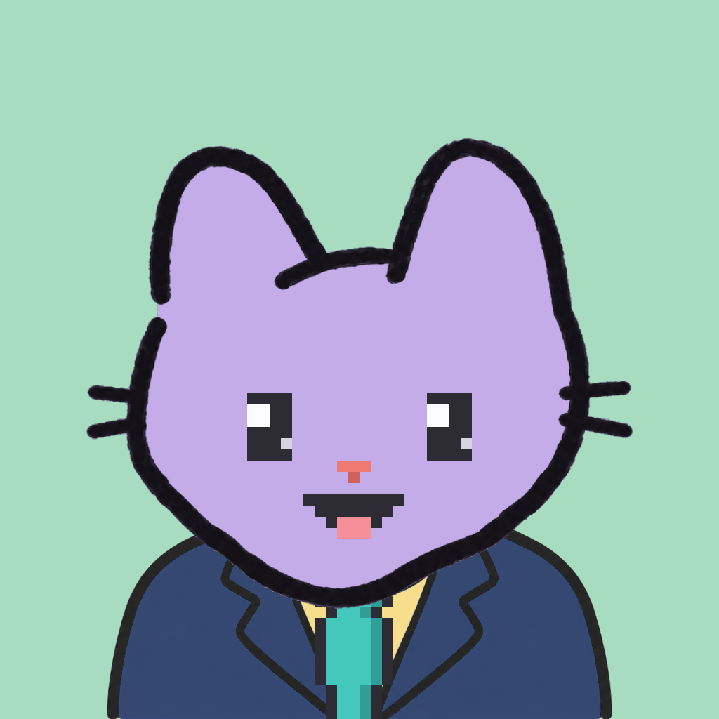 Employee #2055 — a lavender cat, in a navy suit, with a teal tie, on mint