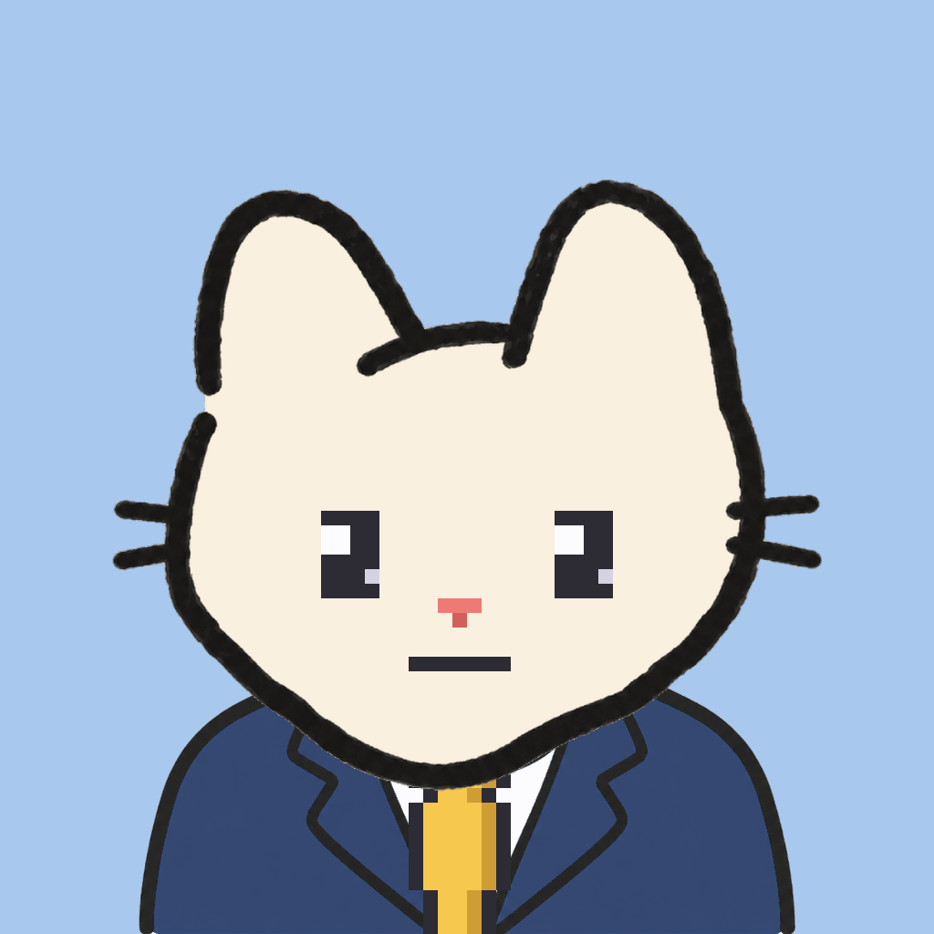 Employee #2056 — a cream cat, in a navy suit, with a gold tie, on sky
