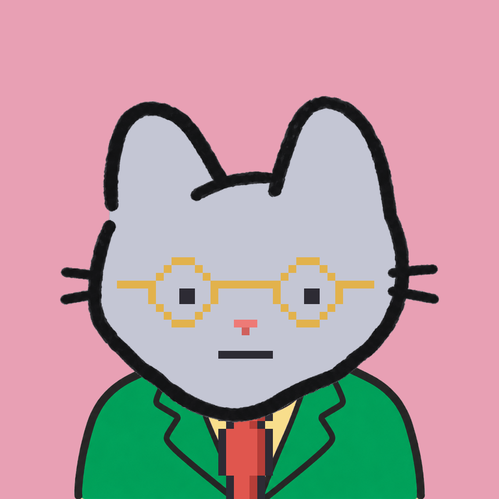 Employee #2057 — a gray cat, in a green suit, with a red tie, wearing round-gold glasses, on rose
