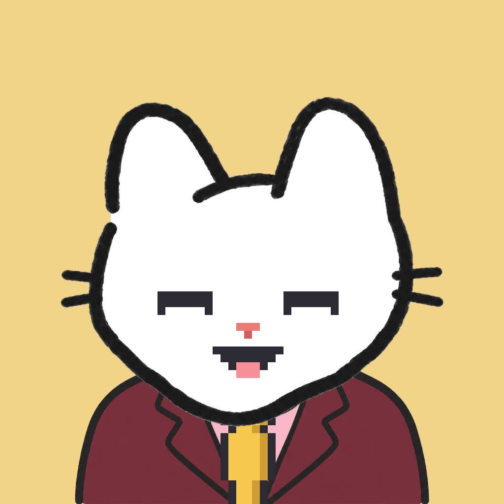 Employee #2059 — a white cat, in a burgundy suit, with a gold tie, on butter