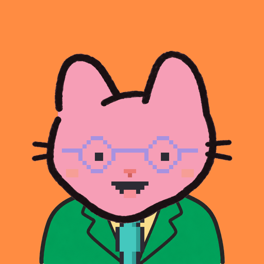 Employee #0206 — a pink cat, in a green suit, with a teal tie, wearing round-lavender glasses, on tangerine