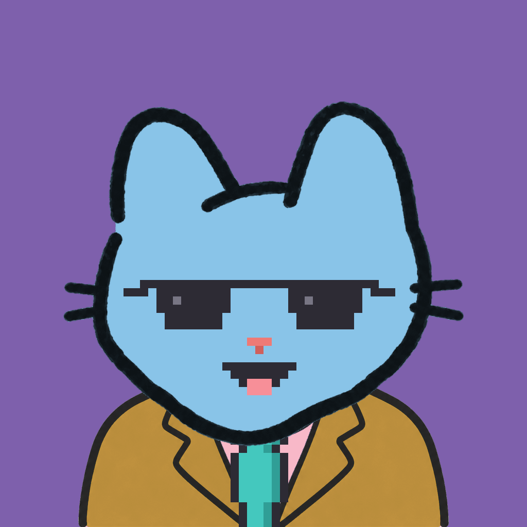 Employee #2060 — a sky cat, in a mustard suit, with a teal tie, wearing shades glasses, on plasma violet