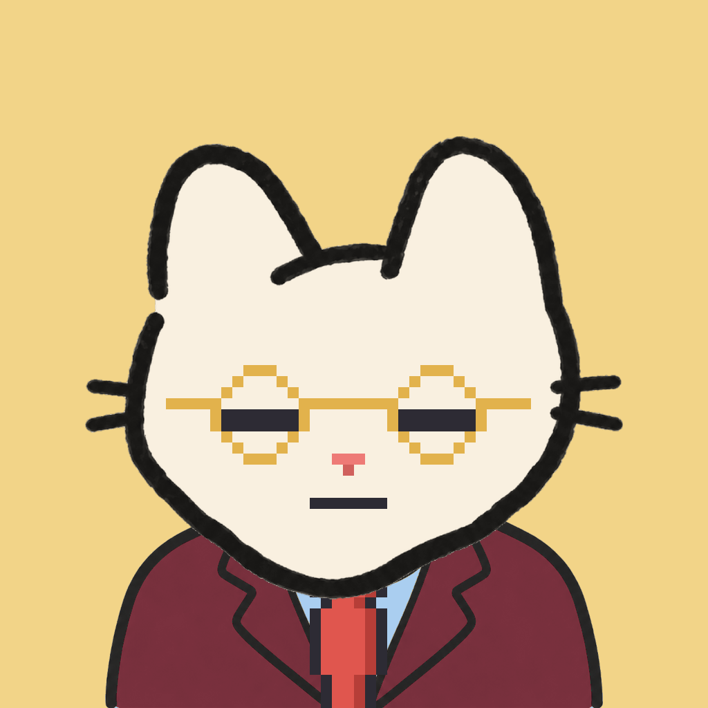 Employee #2061 — a cream cat, in a burgundy suit, with a red tie, wearing round-gold glasses, on butter