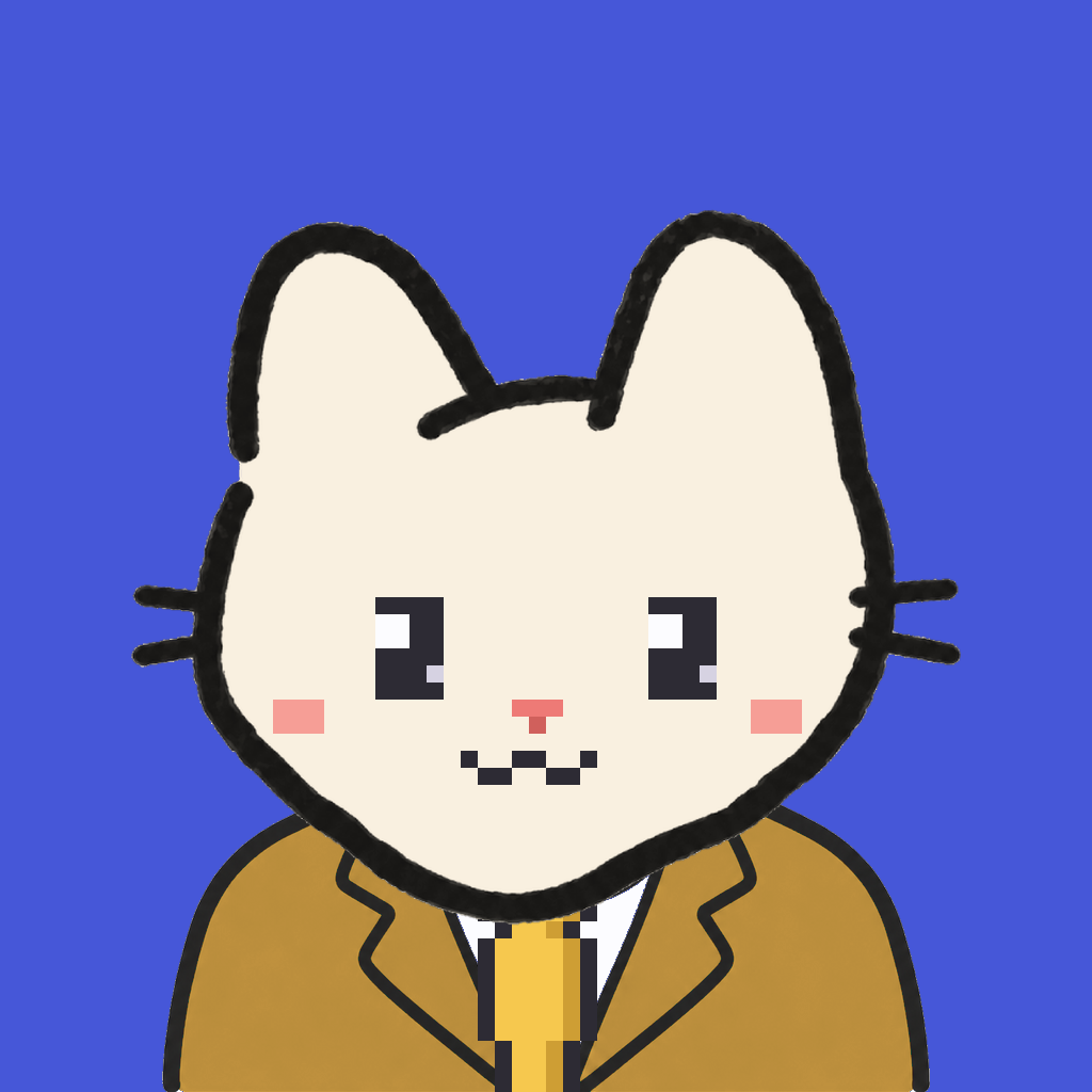 Employee #2062 — a cream cat, in a mustard suit, with a gold tie, on royal