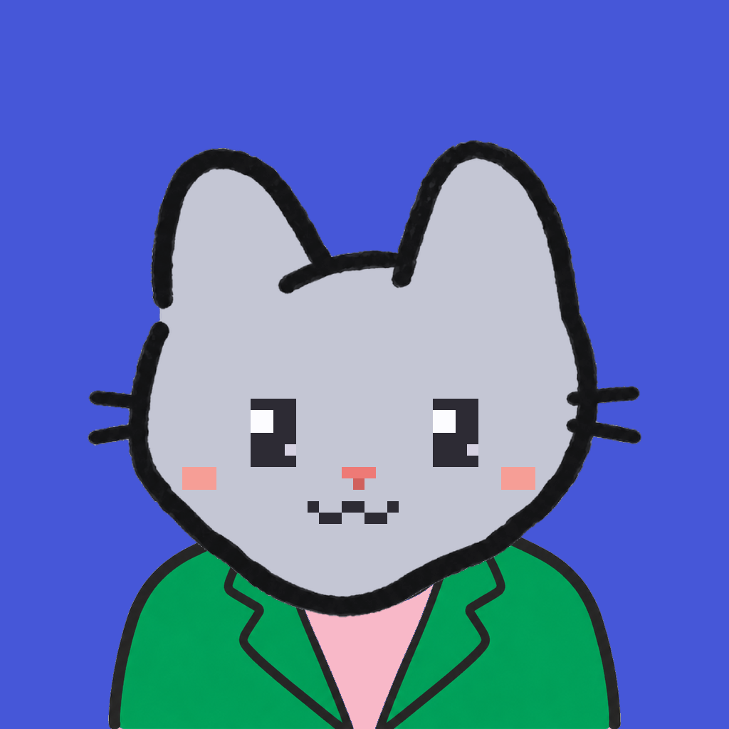 Employee #2063 — a gray cat, in a green suit, on royal