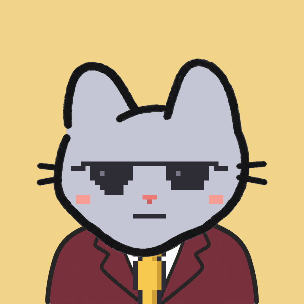 Employee #2064 — a gray cat, in a burgundy suit, with a gold tie, wearing shades glasses, on butter