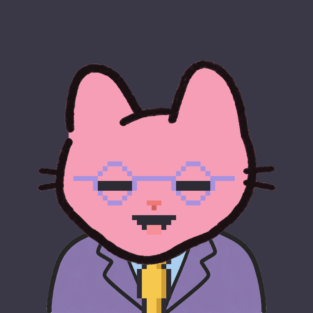 Employee #2065 — a pink cat, in a lavender suit, with a gold tie, wearing round-lavender glasses, on charcoal