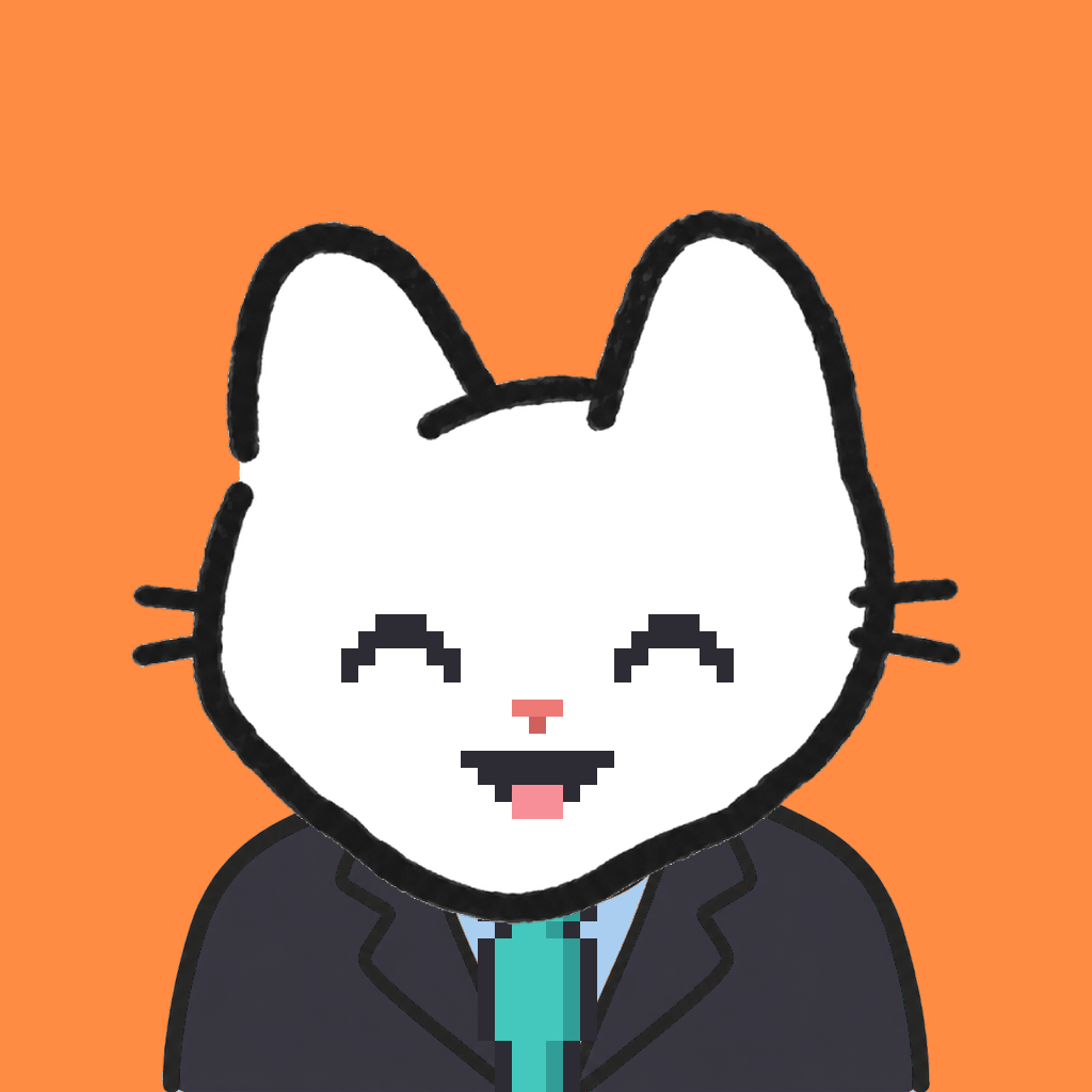Employee #2066 — a white cat, in a black suit, with a teal tie, on tangerine