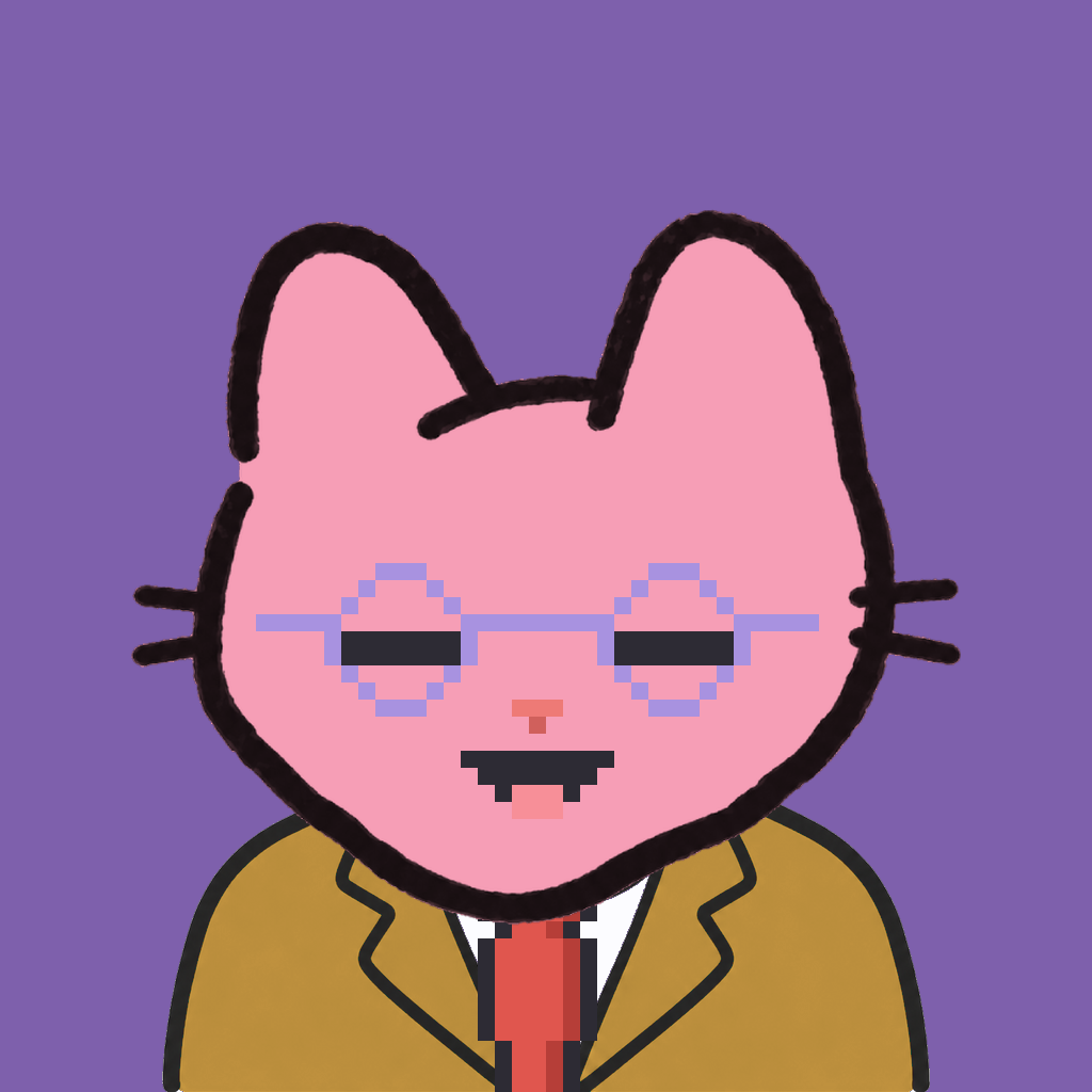 Employee #2067 — a pink cat, in a mustard suit, with a red tie, wearing round-lavender glasses, on plasma violet