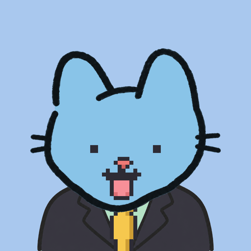Employee #2068 — a sky cat, in a black suit, with a gold tie, on sky