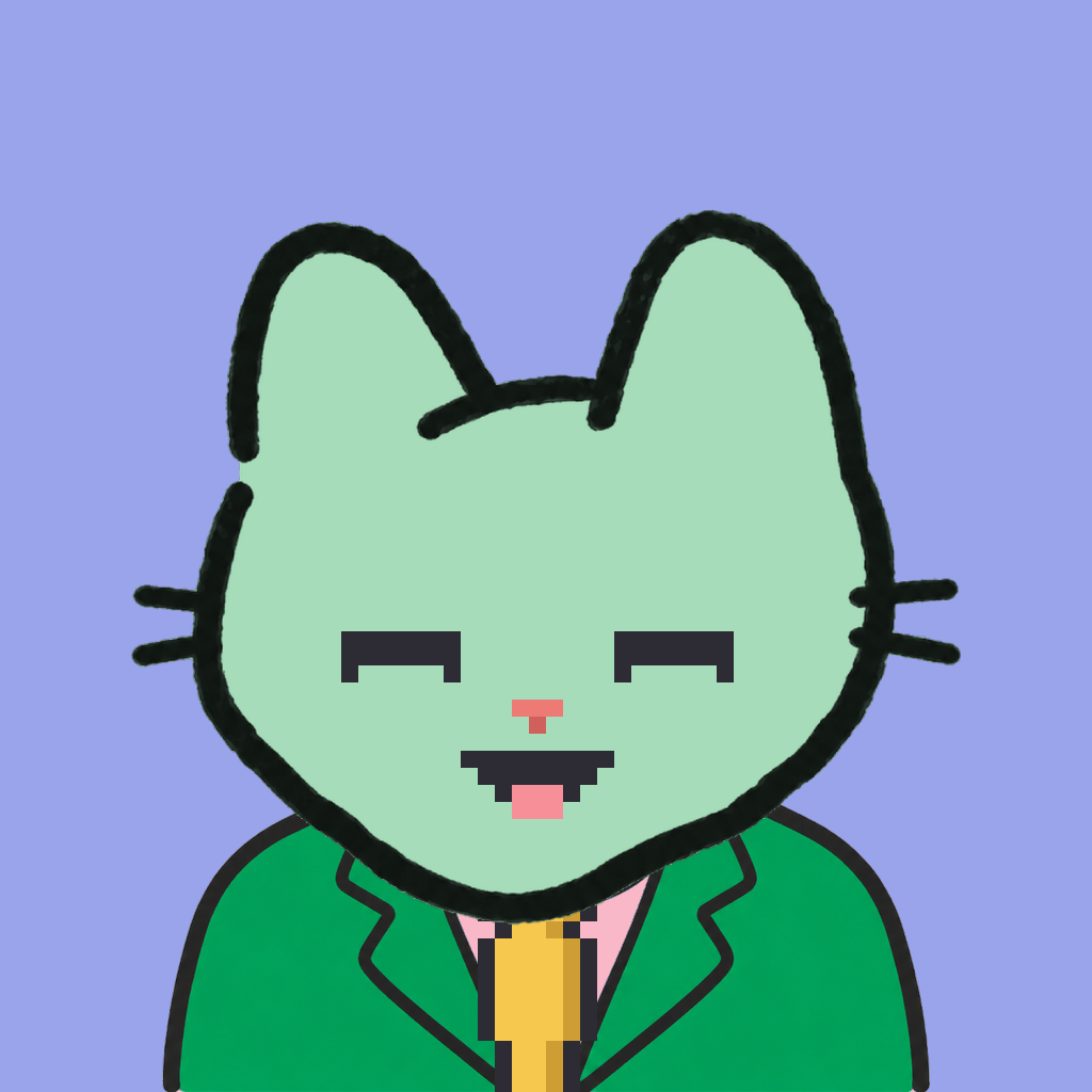 Employee #2069 — a mint cat, in a green suit, with a gold tie, on periwinkle