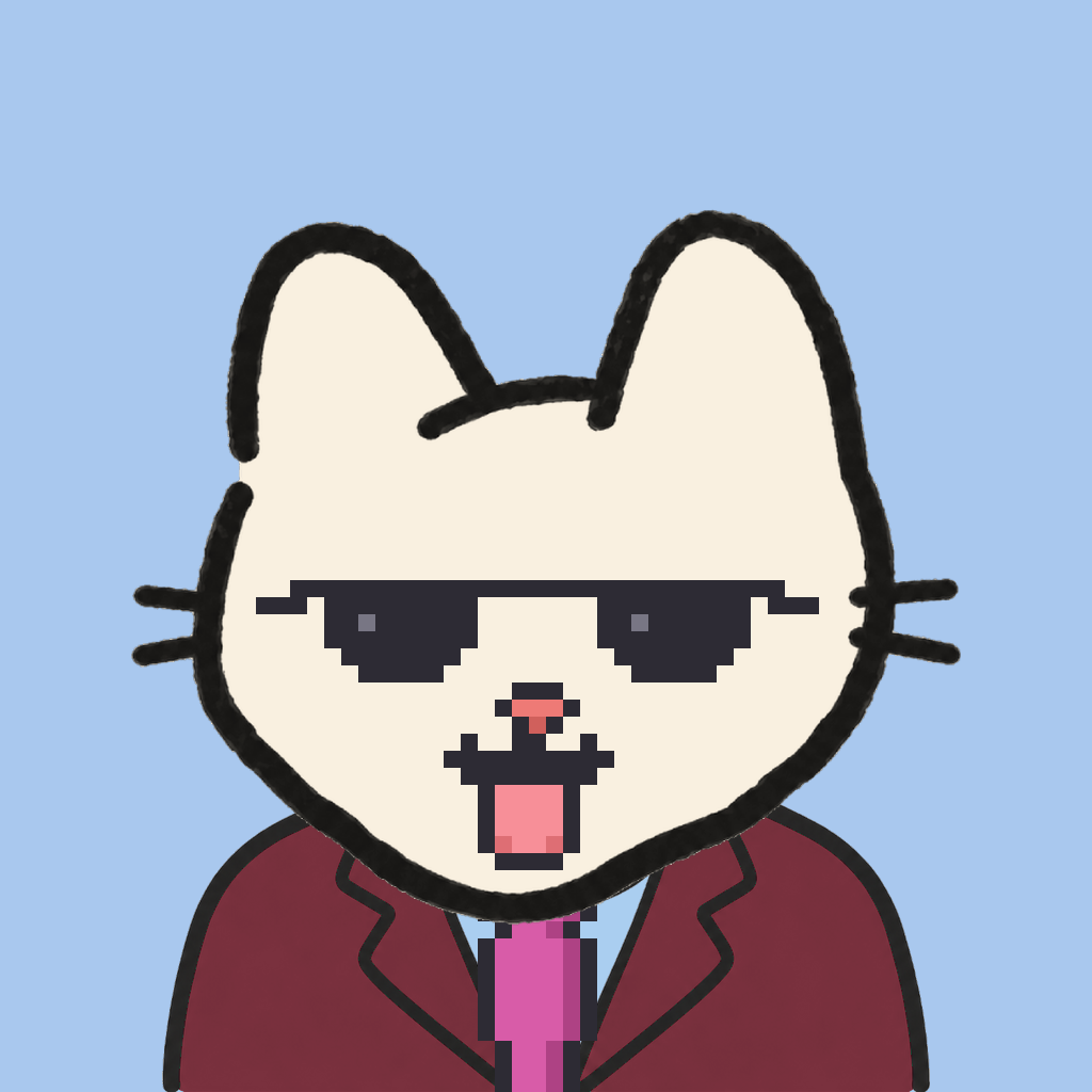 Employee #0207 — a cream cat, in a burgundy suit, with a magenta tie, wearing shades glasses, on sky