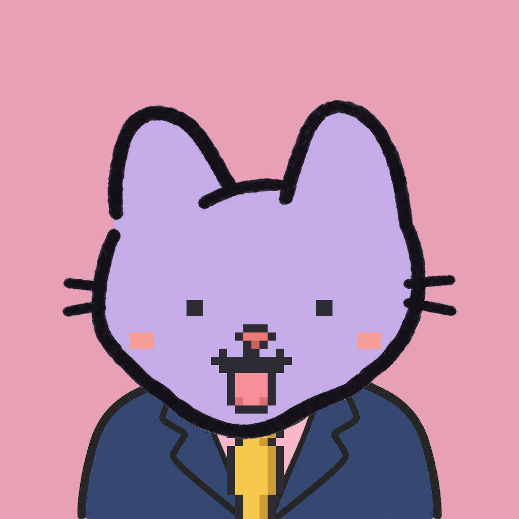 Employee #2070 — a lavender cat, in a navy suit, with a gold tie, on rose