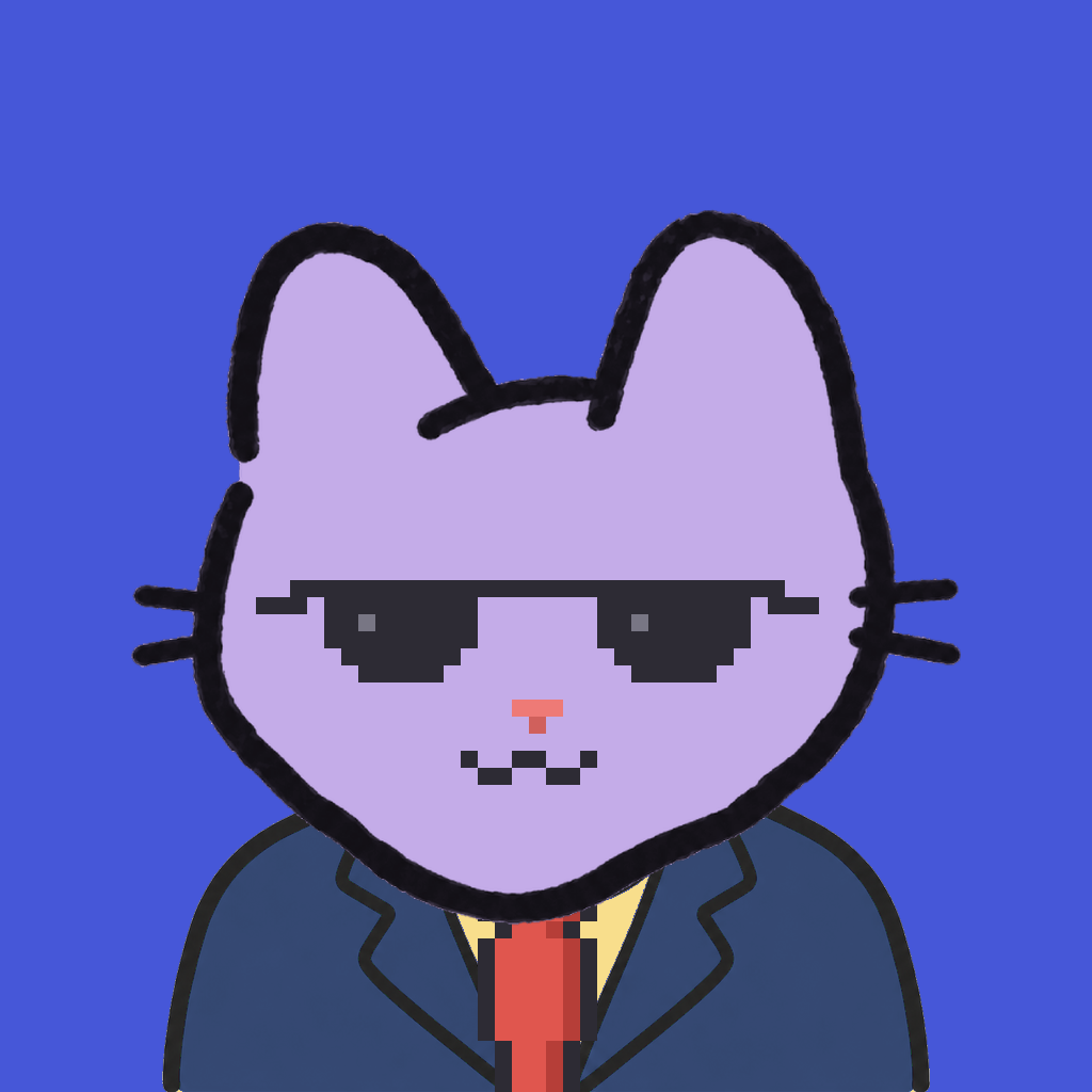 Employee #2071 — a lavender cat, in a navy suit, with a red tie, wearing shades glasses, on royal