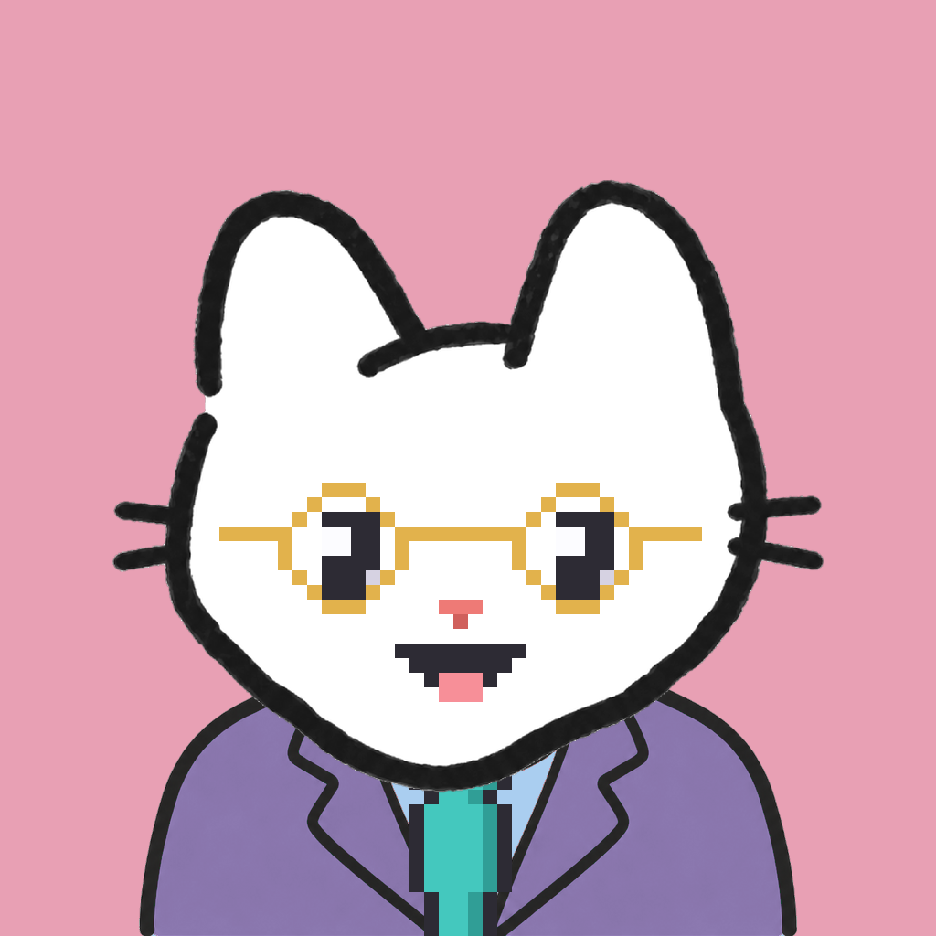 Employee #2072 — a white cat, in a lavender suit, with a teal tie, wearing round-gold glasses, on rose
