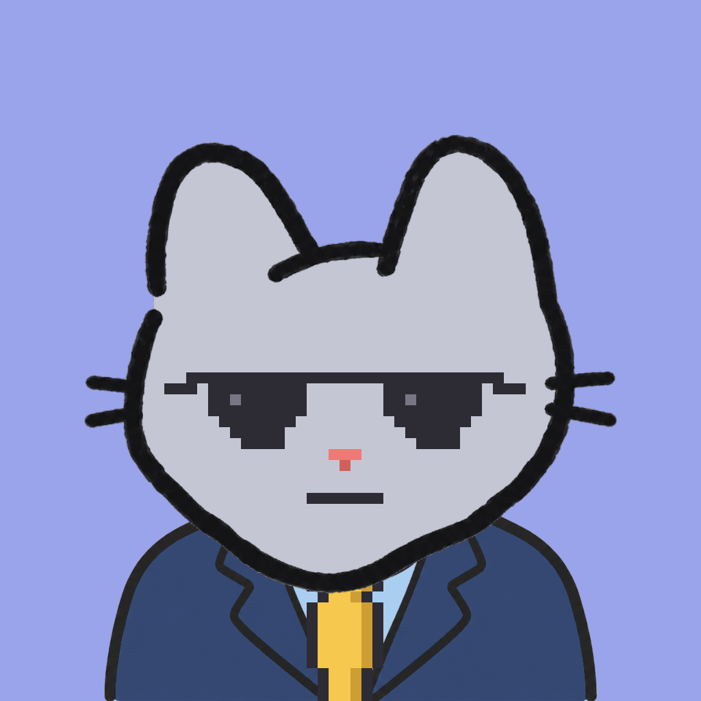 Employee #2073 — a gray cat, in a navy suit, with a gold tie, wearing shades glasses, on periwinkle