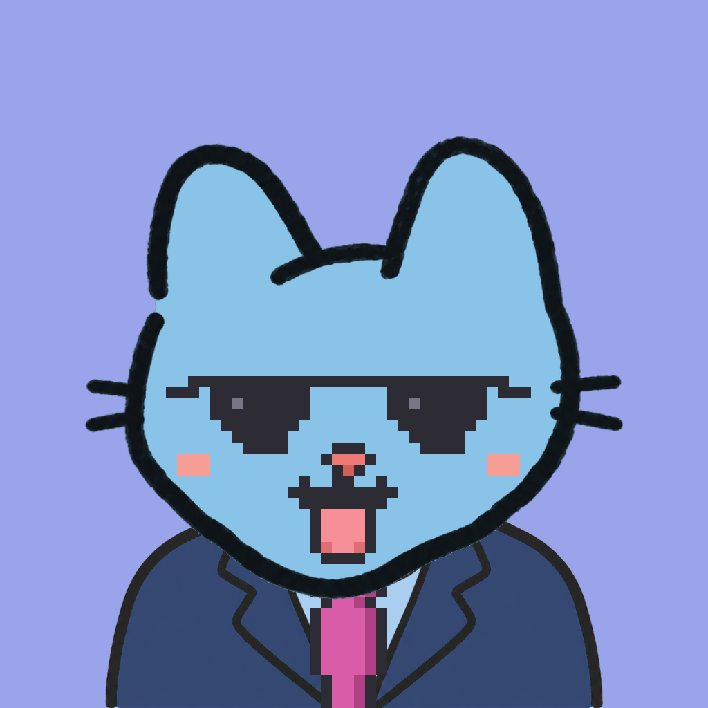 Employee #2074 — a sky cat, in a navy suit, with a magenta tie, wearing shades glasses, on periwinkle
