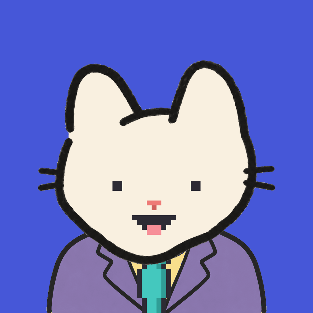 Employee #2077 — a cream cat, in a lavender suit, with a teal tie, on royal