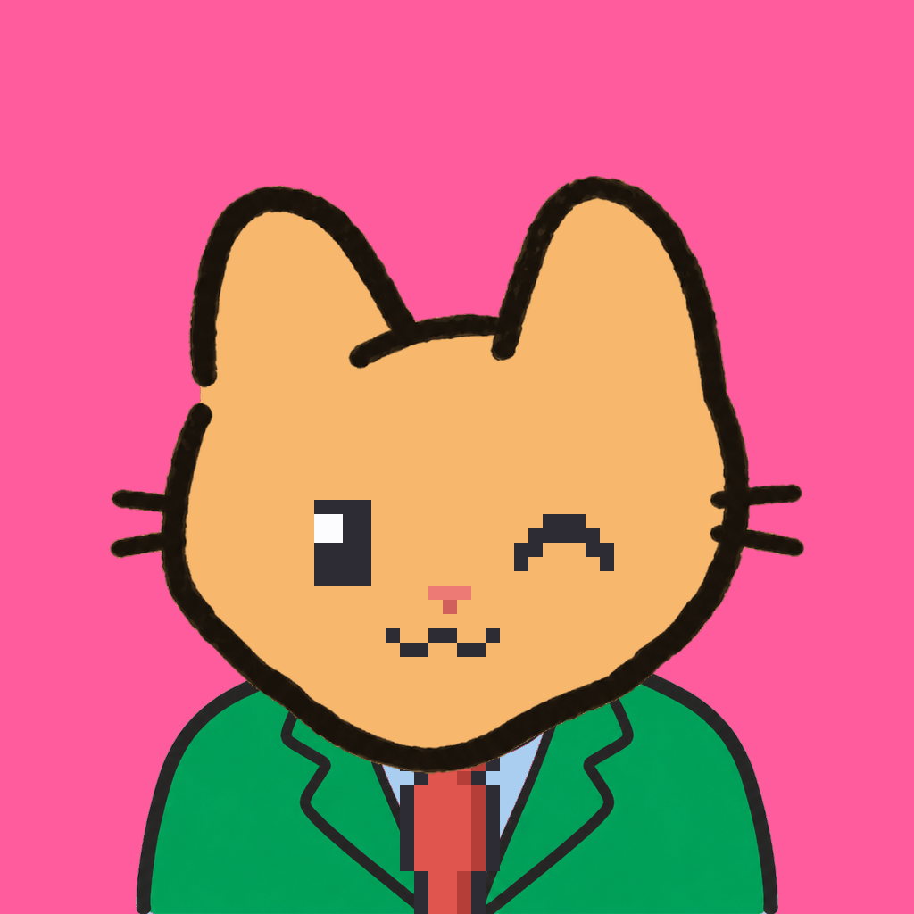 Employee #2078 — a tabby cat, in a green suit, with a red tie, on hot pink
