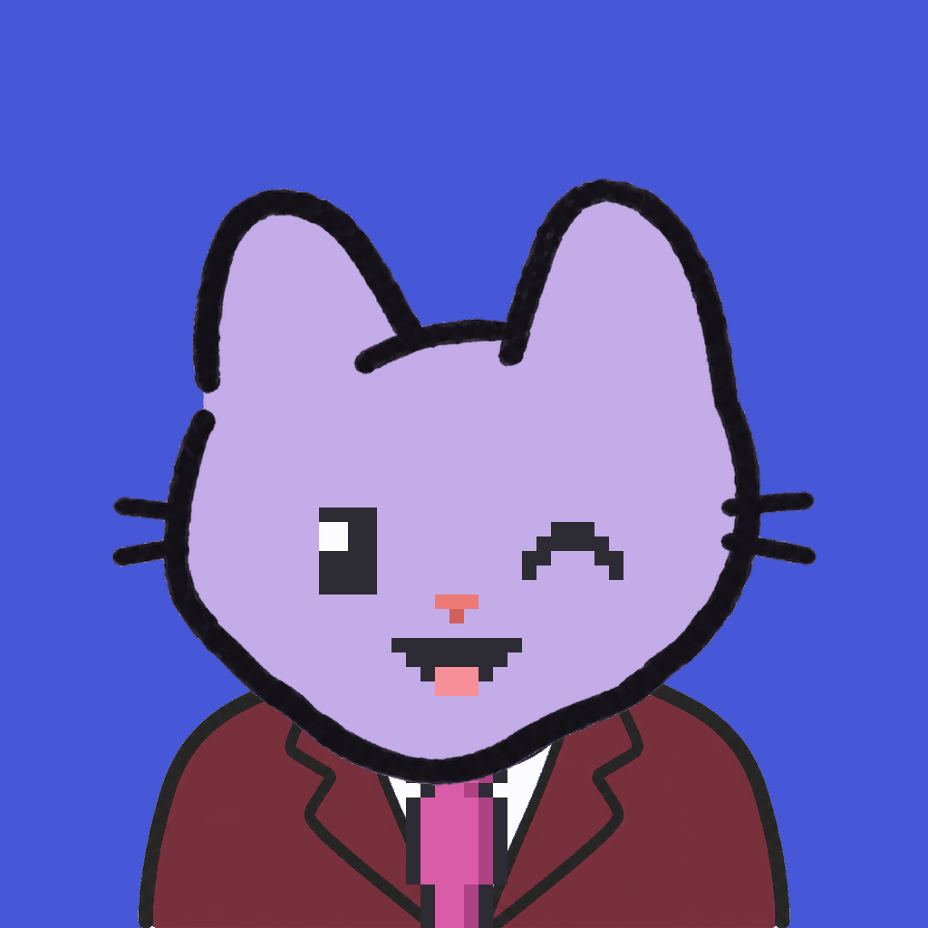 Employee #0208 — a lavender cat, in a burgundy suit, with a magenta tie, on royal