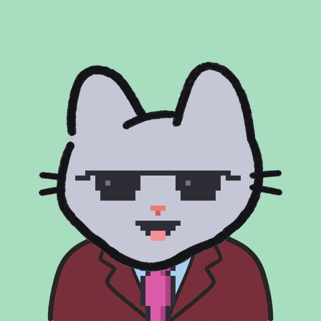 Employee #2080 — a gray cat, in a burgundy suit, with a magenta tie, wearing shades glasses, on mint