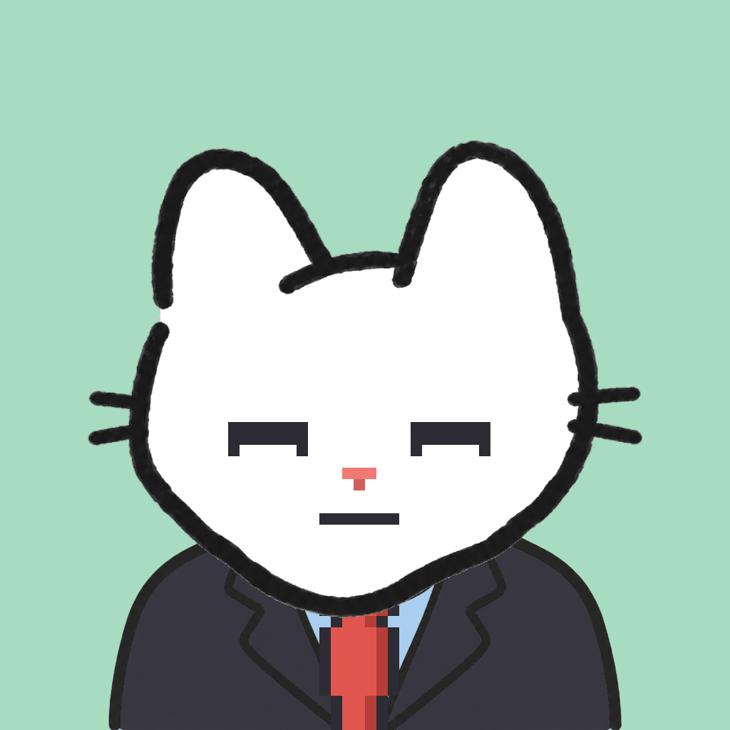 Employee #2082 — a white cat, in a black suit, with a red tie, on mint