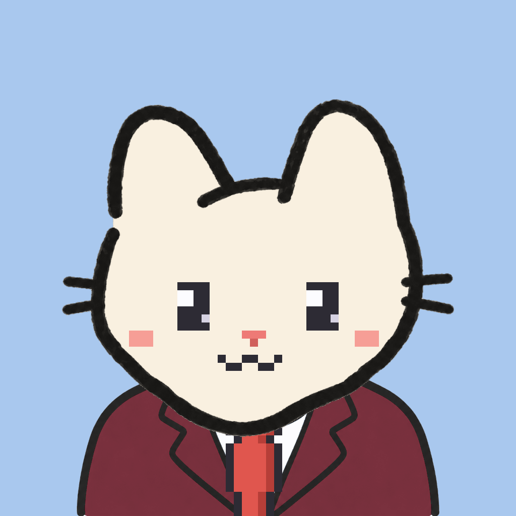 Employee #2083 — a cream cat, in a burgundy suit, with a red tie, on sky