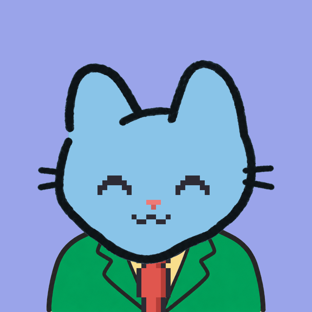 Employee #2084 — a sky cat, in a green suit, with a red tie, on periwinkle